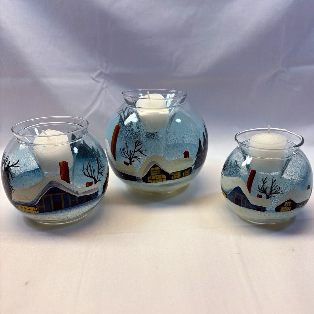 HomeTrends Set of 3 Glass Snow House Ice Holiday Votive Holders Winter with box